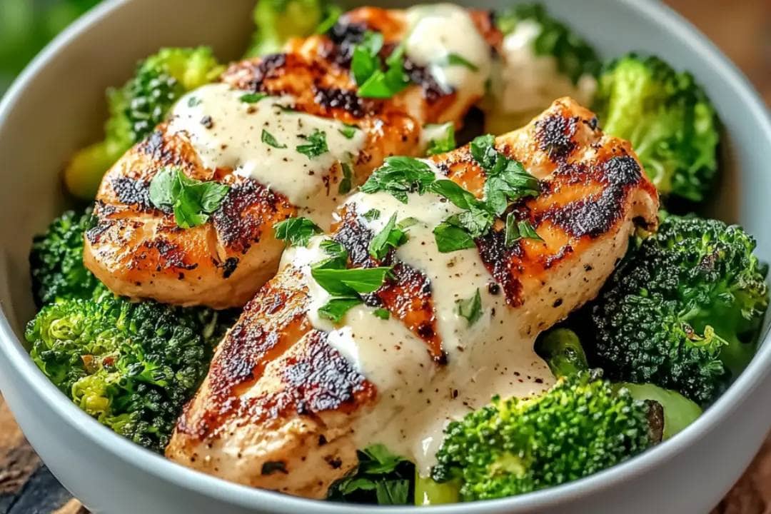 Grilled Chicken & Broccoli Bowls with Creamy Garlic Sauce